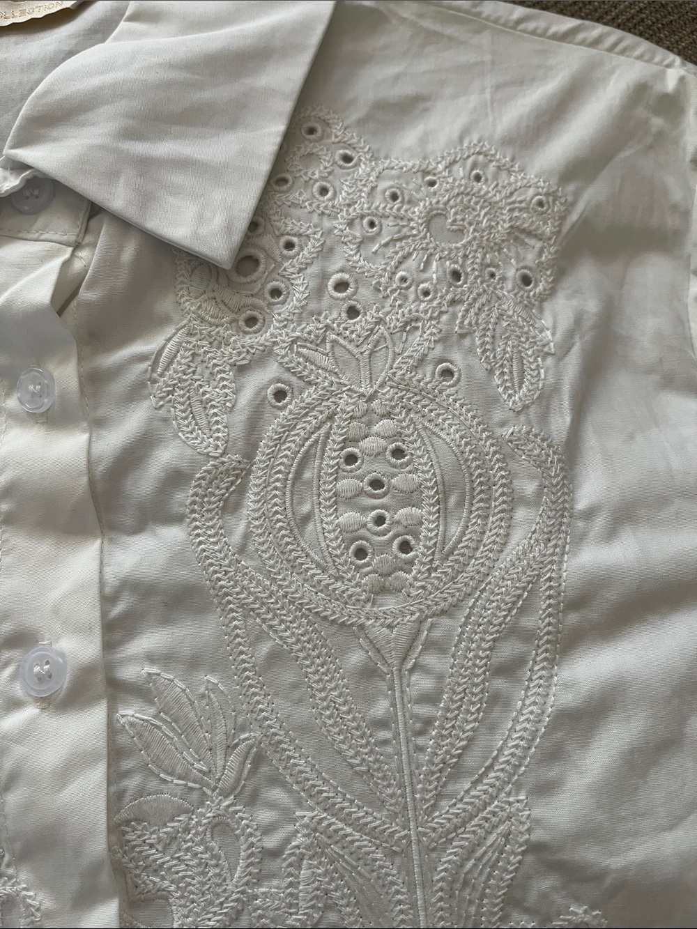 Embroidered White Cotton Button-Down Shirt by Lizette
